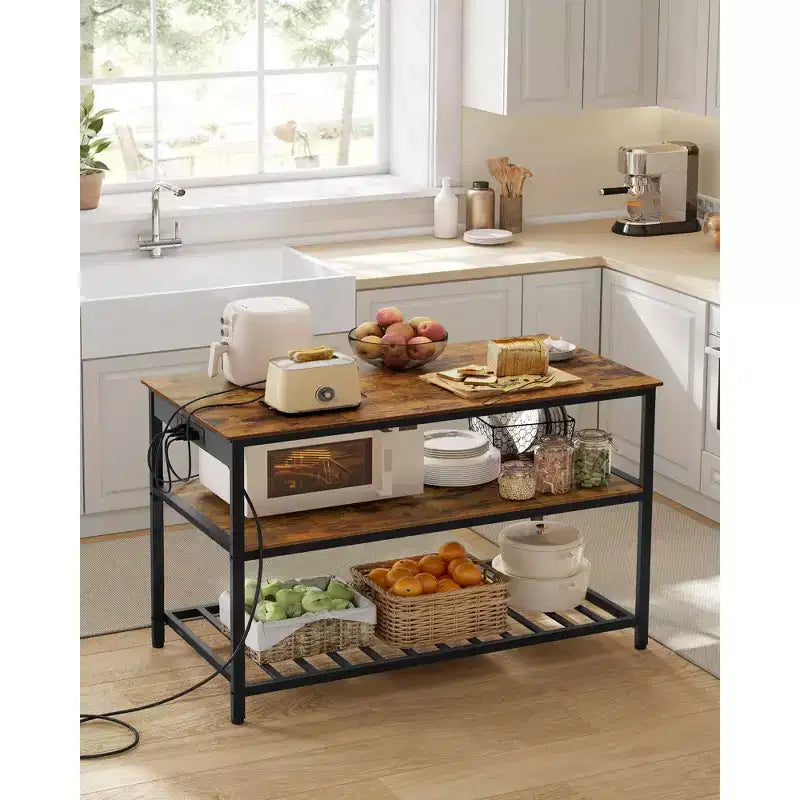Isola da Cucina con 3 Ripiani e Ciabatta Elettrica – Rovere Dorato/Bianco o Marrone Rustico/Nero