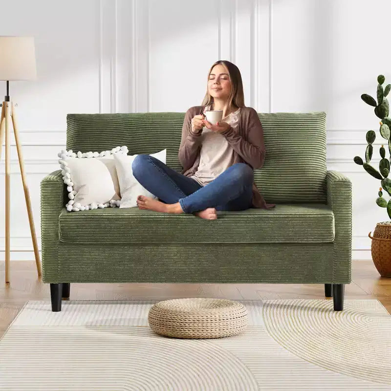 Divanetto a 2 posti, in velluto a coste beige/verde, larghezza 127 cm, montaggio senza attrezzi