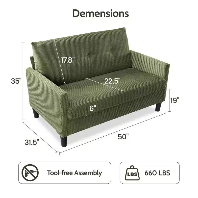 Divanetto a 2 posti, in velluto a coste beige/verde, larghezza 127 cm, montaggio senza attrezzi