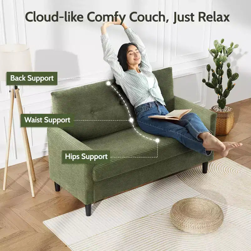 Divanetto a 2 posti, in velluto a coste beige/verde, larghezza 127 cm, montaggio senza attrezzi