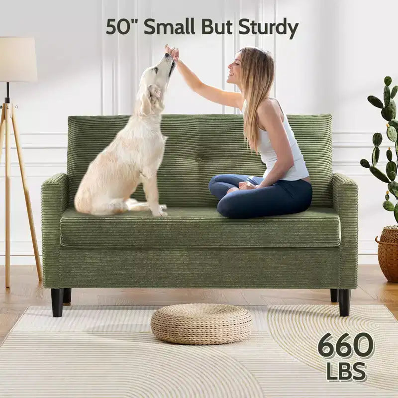 Divanetto a 2 posti, in velluto a coste beige/verde, larghezza 127 cm, montaggio senza attrezzi