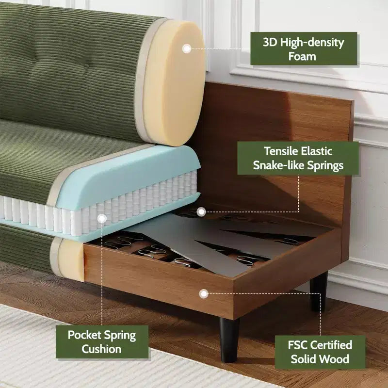 Divanetto a 2 posti, in velluto a coste beige/verde, larghezza 127 cm, montaggio senza attrezzi