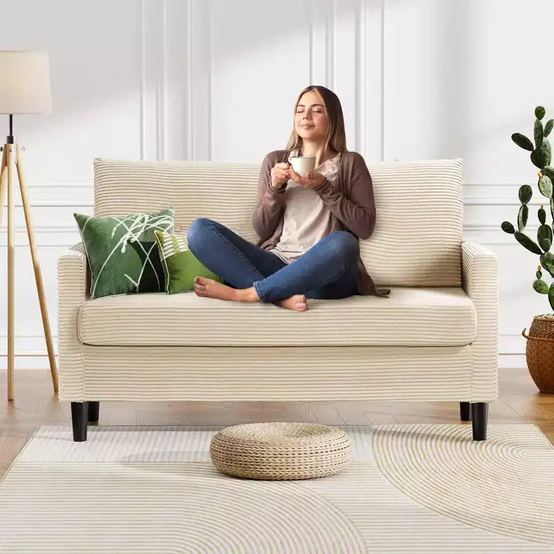 Divanetto a 2 posti, in velluto a coste beige/verde, larghezza 127 cm, montaggio senza attrezzi