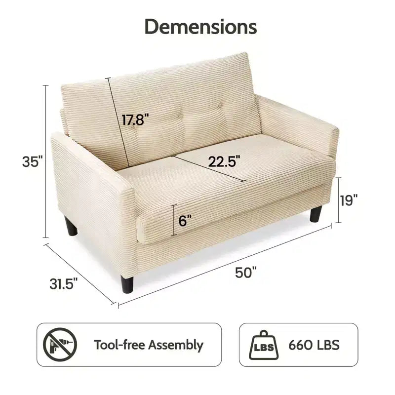 Divanetto a 2 posti, in velluto a coste beige/verde, larghezza 127 cm, montaggio senza attrezzi