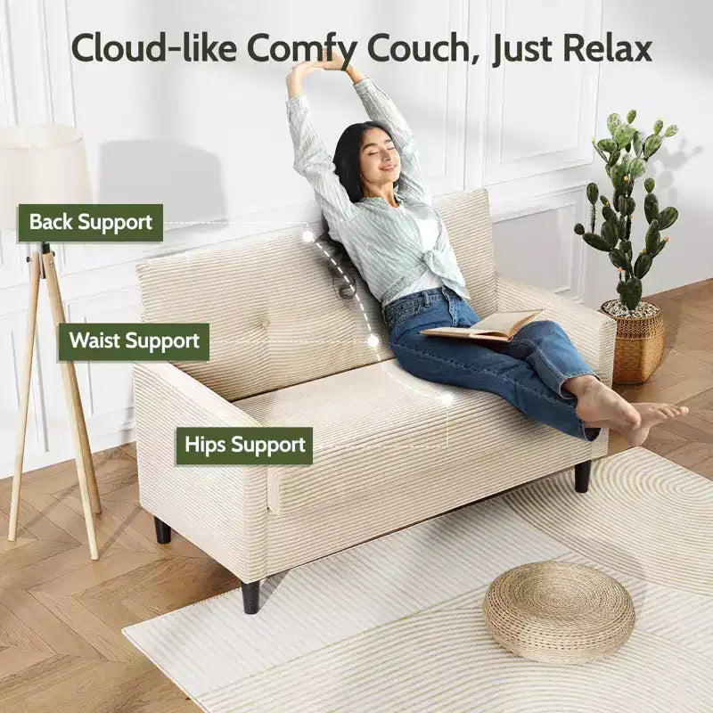 Divanetto a 2 posti, in velluto a coste beige/verde, larghezza 127 cm, montaggio senza attrezzi