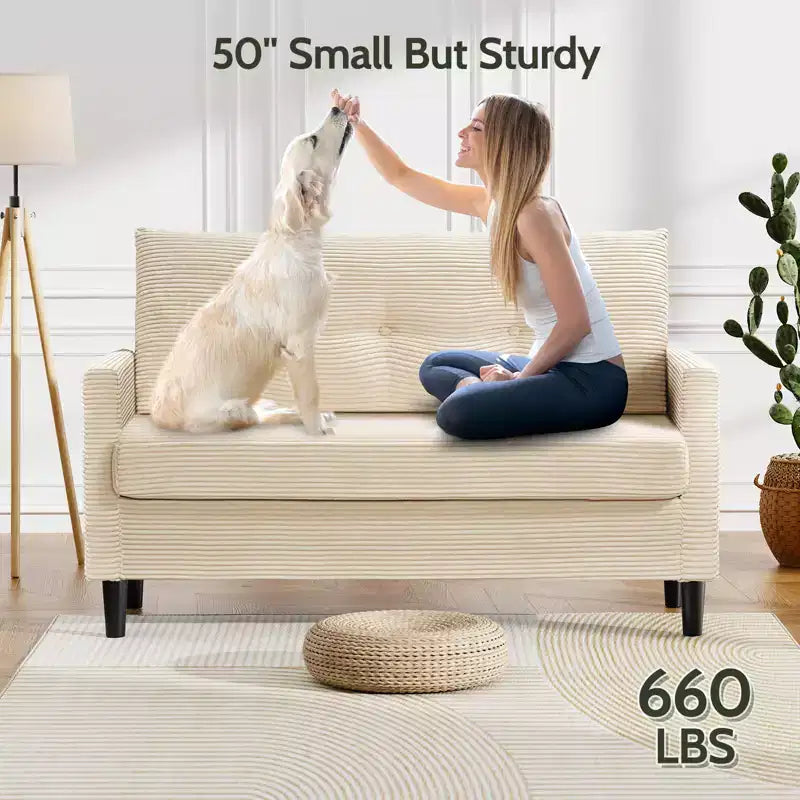 Divanetto a 2 posti, in velluto a coste beige/verde, larghezza 127 cm, montaggio senza attrezzi