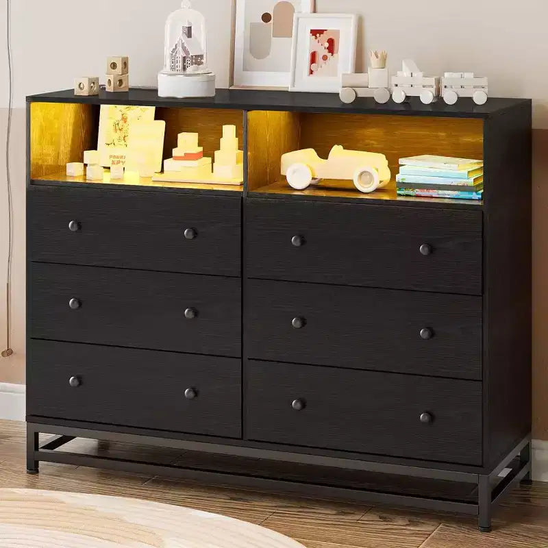 Zstar 47.2 In 6 Drawer Dresser for Bedroom with LED Lights & Charging Station