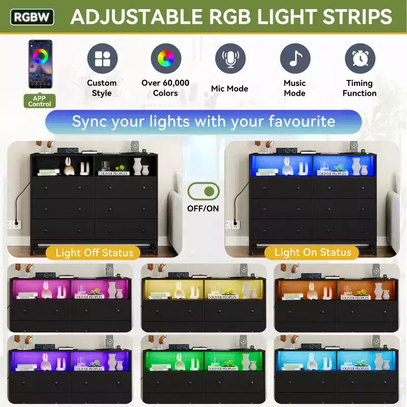 Cassettiera bianca a 6 cassetti con luci LED e stazione di ricarica, per 1 persona