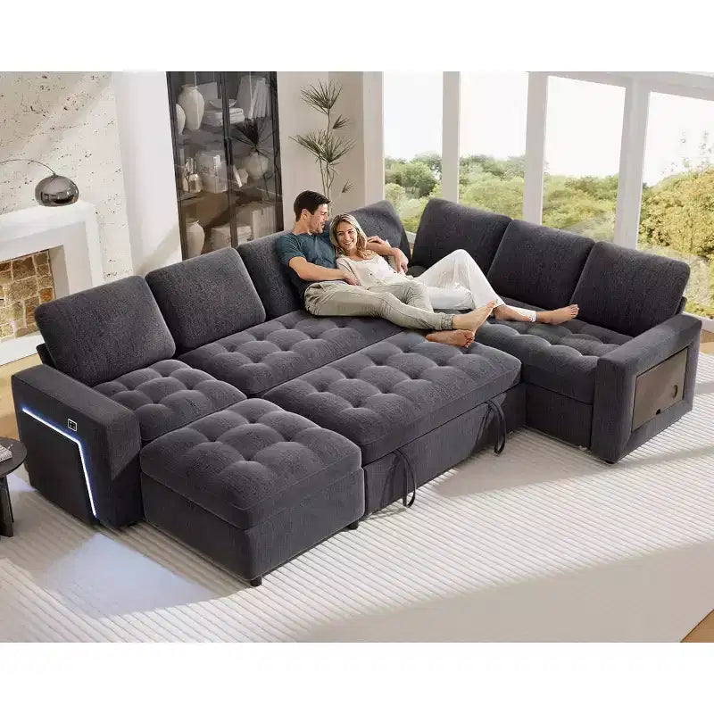 Divano letto modulare a U a 7 posti | Beige / Nero / Verde / Grigio | Con funzione letto | 7 posti a sedere