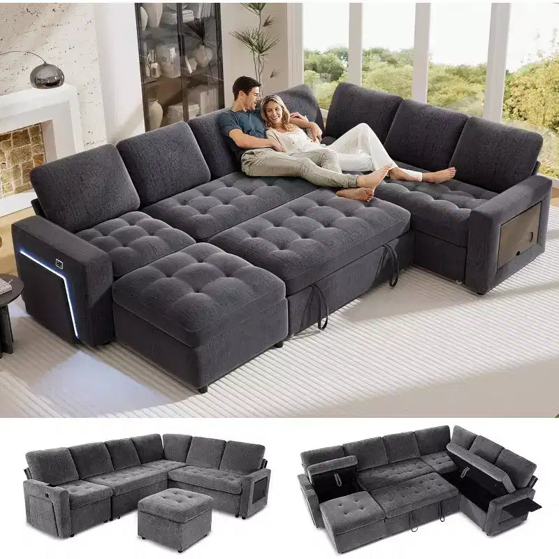 Divano letto modulare a U a 7 posti | Beige / Nero / Verde / Grigio | Con funzione letto | 7 posti a sedere