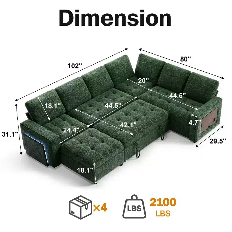 Divano letto modulare a U a 7 posti | Beige / Nero / Verde / Grigio | Con funzione letto | 7 posti a sedere
