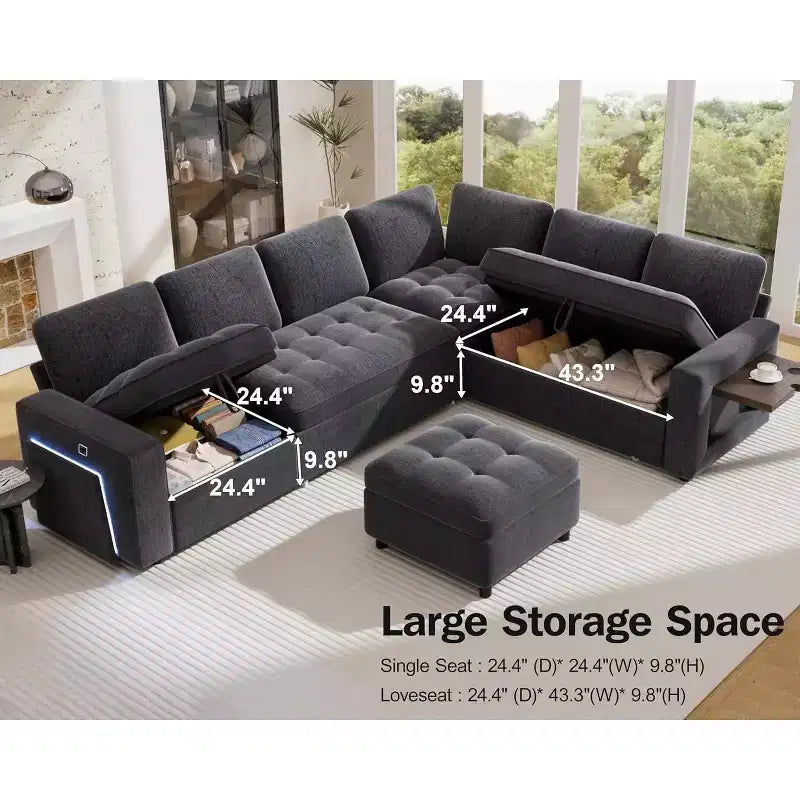 Divano letto modulare a U a 7 posti | Beige / Nero / Verde / Grigio | Con funzione letto | 7 posti a sedere
