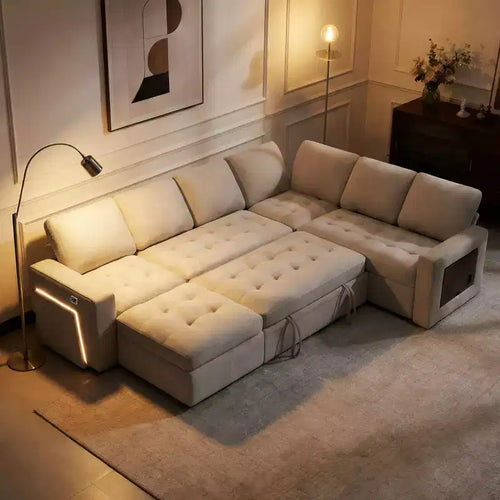 Dyonery 7-seater U-shaped sofa, Modular sofa bed, with pull-out bed, reclining backrest, storage cabinet, tool-free assembly, snow velvet