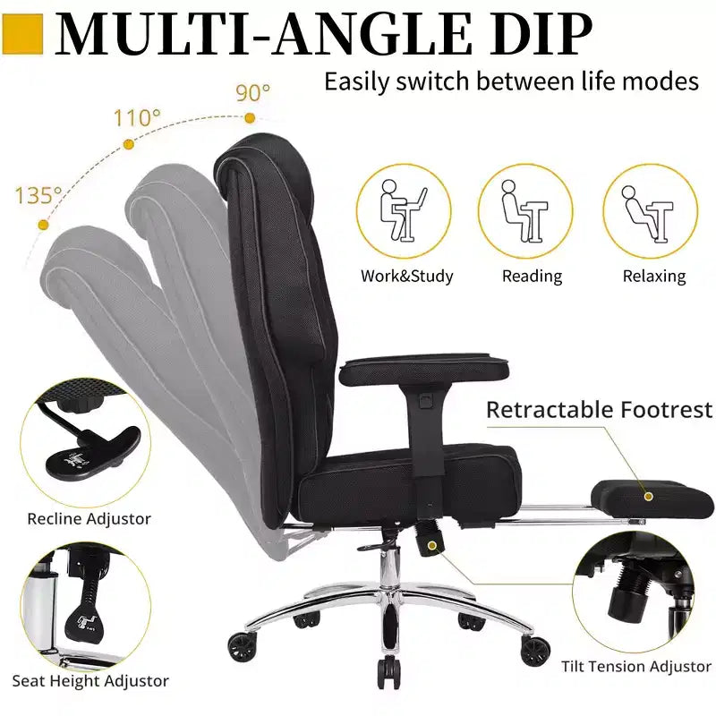 Sedia da Ufficio Ergonomica Nera in Rete con Poggiapiedi e Braccioli, per 1 Persona