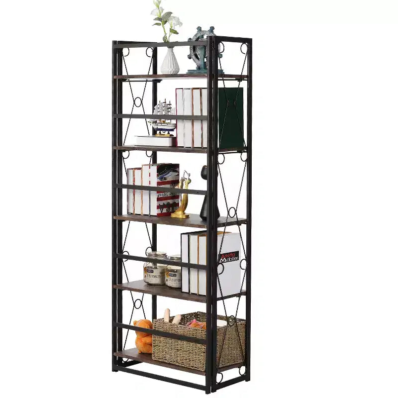 Libreria pieghevole a 5 ripiani, marrone/marrone retrò, in metallo industriale, montaggio singolo