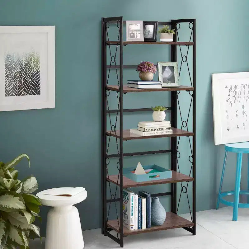 5-Tier Folding Bookshelf, Brown / Retro Brown, Industrial Metal, 1-Person Assembly