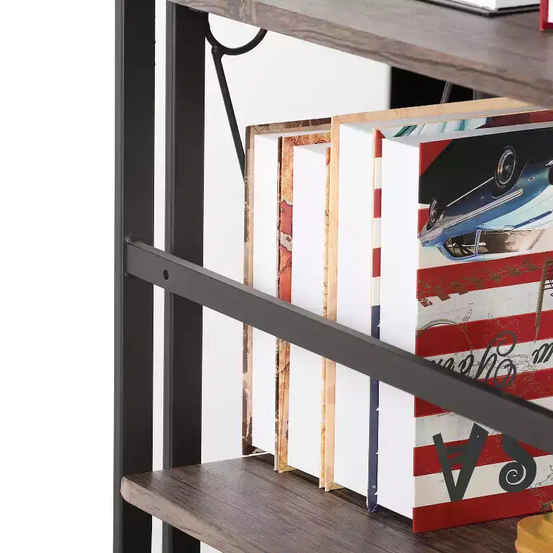Libreria pieghevole a 5 ripiani, marrone/marrone retrò, in metallo industriale, montaggio singolo