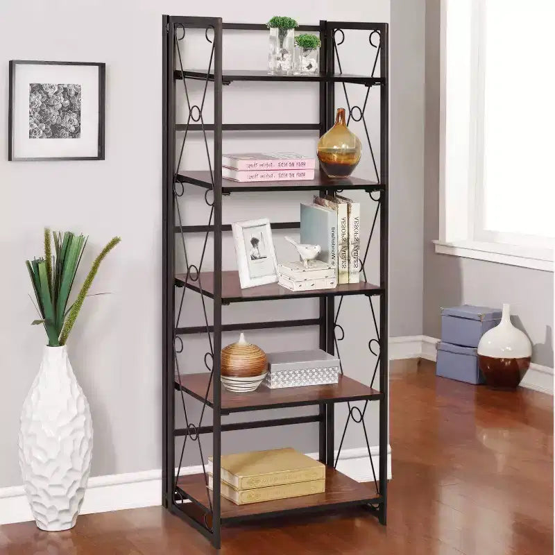 5-Tier Folding Bookshelf, Brown / Retro Brown, Industrial Metal, 1-Person Assembly