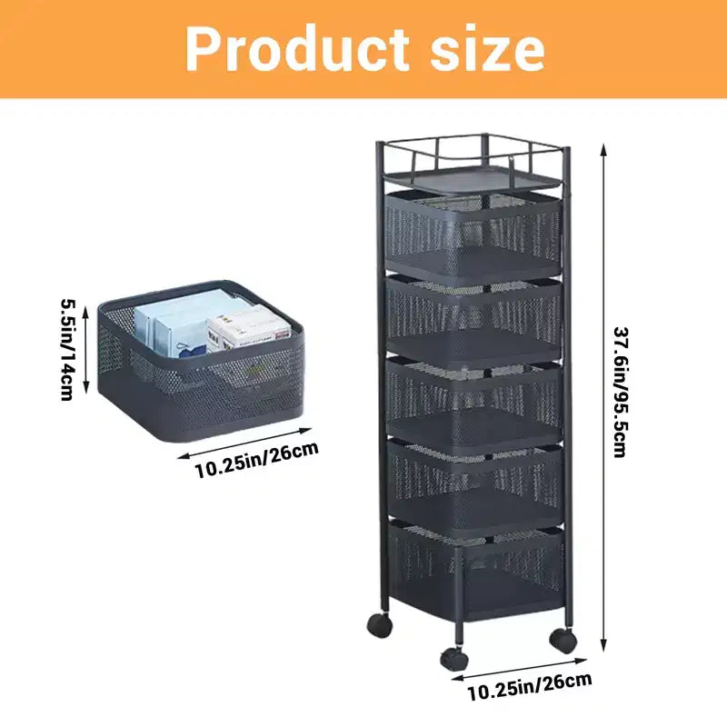 5-Tier Rotating Rolling Storage Cart – Black / White