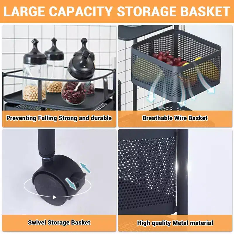 5-Tier Rotating Rolling Storage Cart – Black / White