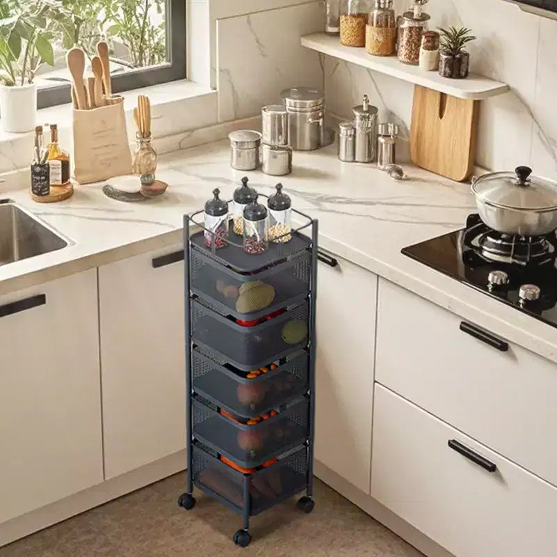 5-Tier Rotating Rolling Storage Cart – Black / White