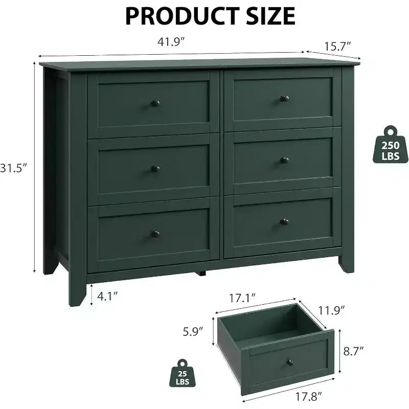 Cassettiera alta verde a 6 cassetti, stile rustico moderno, singola