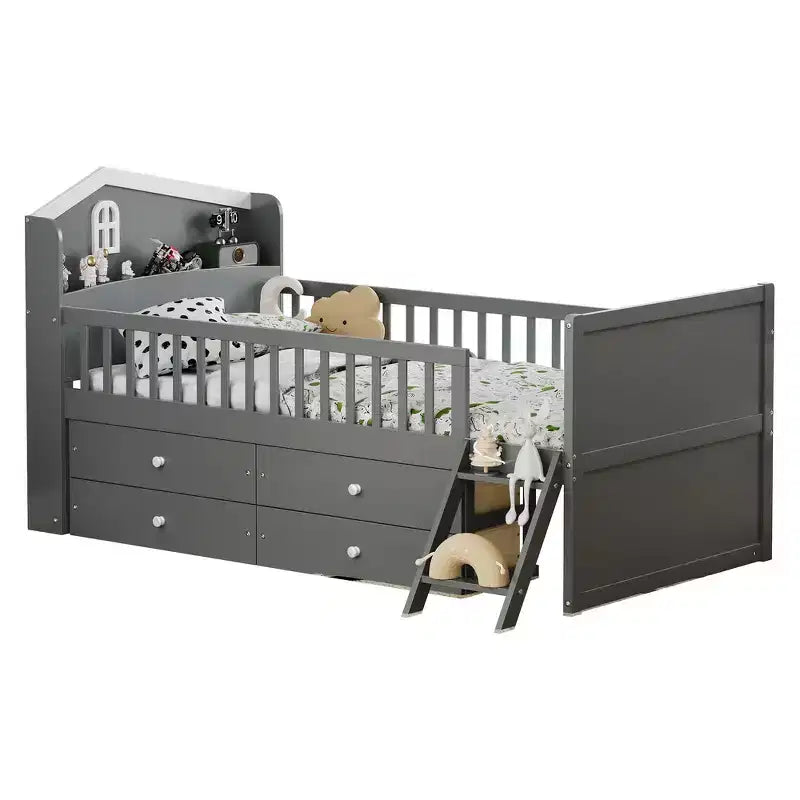 Gray/White Twin Loft Bed Frame with 4 Drawers & Guardrail, House-Style, 1-Child