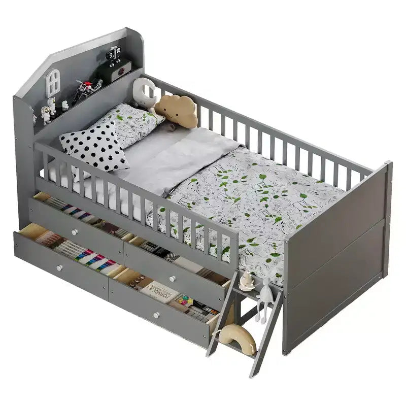 Gray/White Twin Loft Bed Frame with 4 Drawers & Guardrail, House-Style, 1-Child