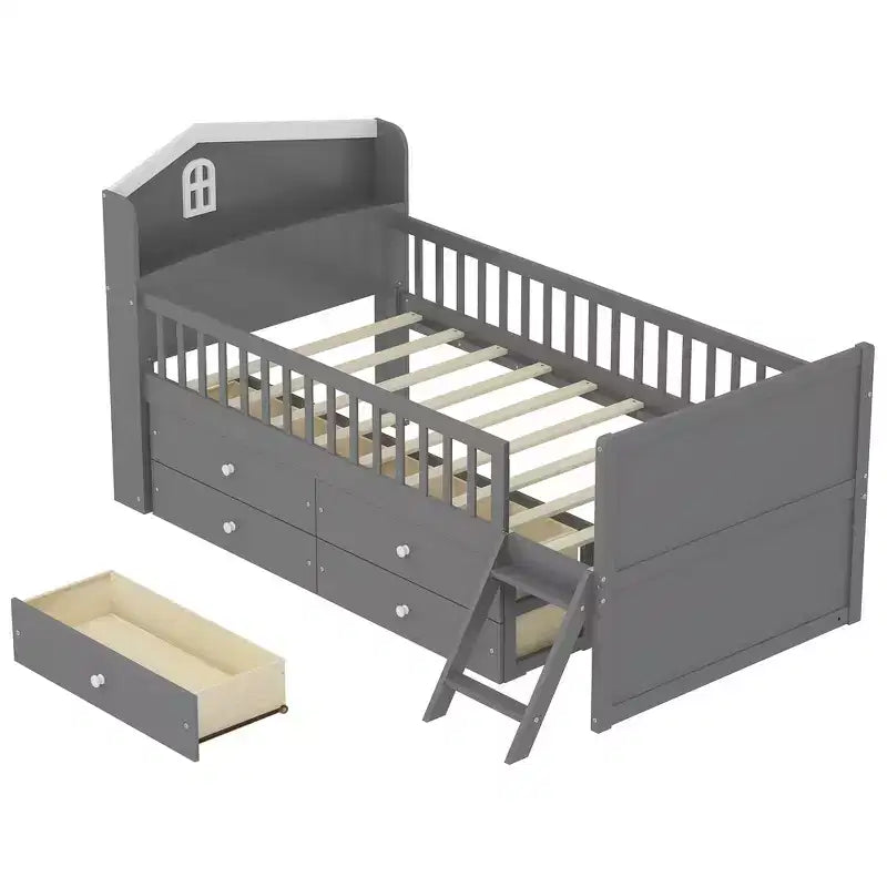 Gray/White Twin Loft Bed Frame with 4 Drawers & Guardrail, House-Style, 1-Child