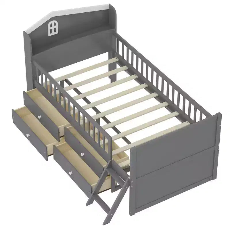 Gray/White Twin Loft Bed Frame with 4 Drawers & Guardrail, House-Style, 1-Child