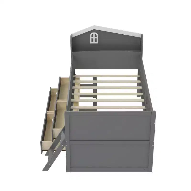 Gray/White Twin Loft Bed Frame with 4 Drawers & Guardrail, House-Style, 1-Child
