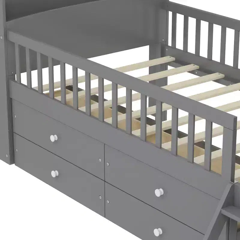 Gray/White Twin Loft Bed Frame with 4 Drawers & Guardrail, House-Style, 1-Child