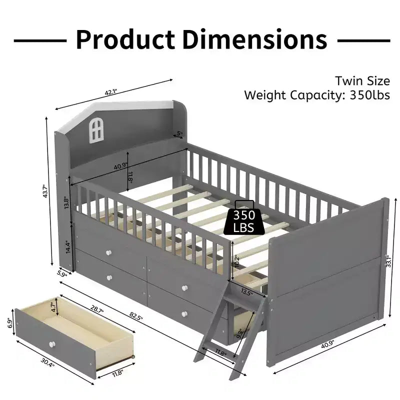 Gray/White Twin Loft Bed Frame with 4 Drawers & Guardrail, House-Style, 1-Child