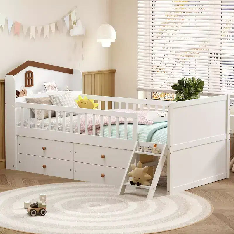 Gray/White Twin Loft Bed Frame with 4 Drawers & Guardrail, House-Style, 1-Child