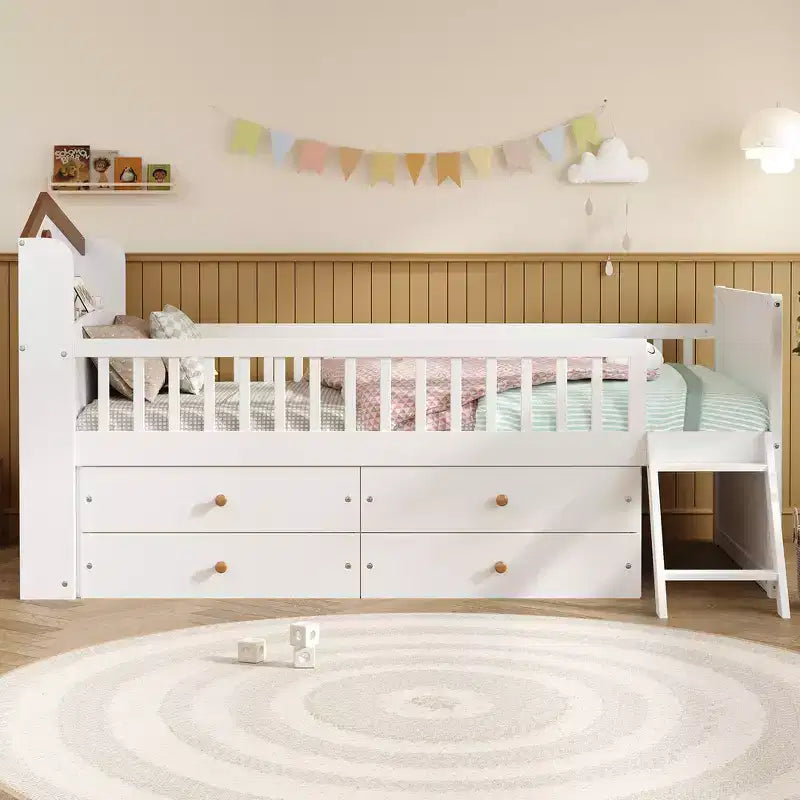 Gray/White Twin Loft Bed Frame with 4 Drawers & Guardrail, House-Style, 1-Child