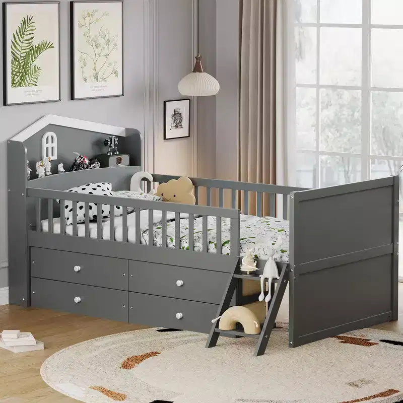 Gray/White Twin Loft Bed Frame with 4 Drawers & Guardrail, House-Style, 1-Child
