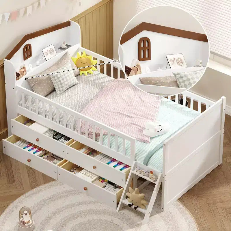 Gray/White Twin Loft Bed Frame with 4 Drawers & Guardrail, House-Style, 1-Child