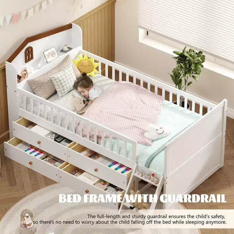 Gray/White Twin Loft Bed Frame with 4 Drawers & Guardrail, House-Style, 1-Child