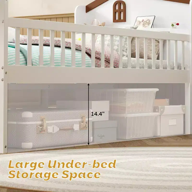 Gray/White Twin Loft Bed Frame with 4 Drawers & Guardrail, House-Style, 1-Child
