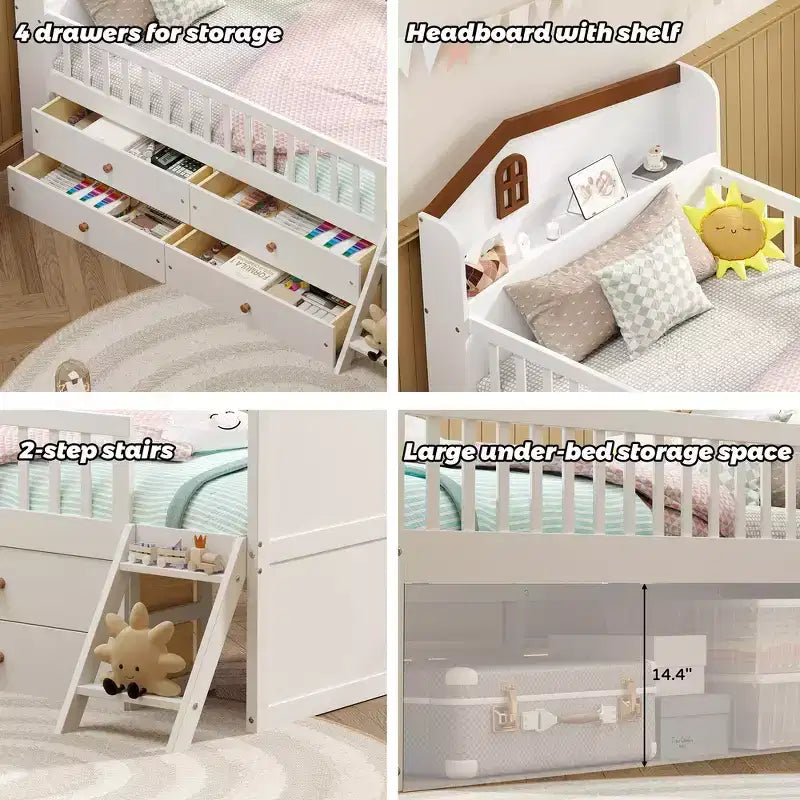 Gray/White Twin Loft Bed Frame with 4 Drawers & Guardrail, House-Style, 1-Child