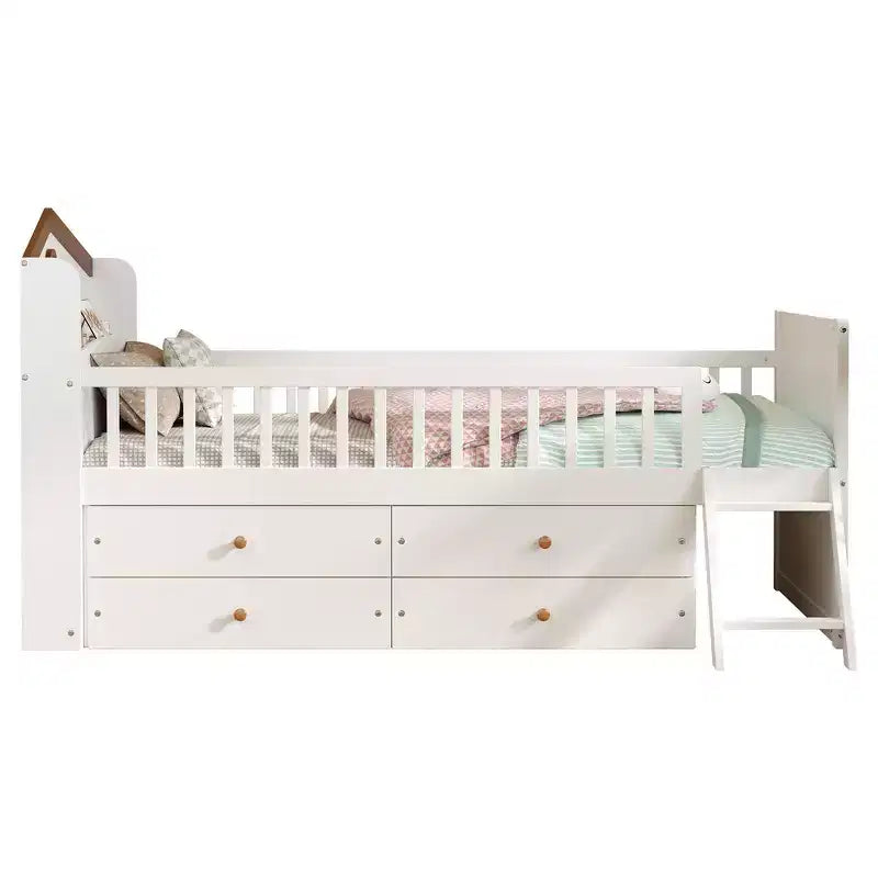 Gray/White Twin Loft Bed Frame with 4 Drawers & Guardrail, House-Style, 1-Child