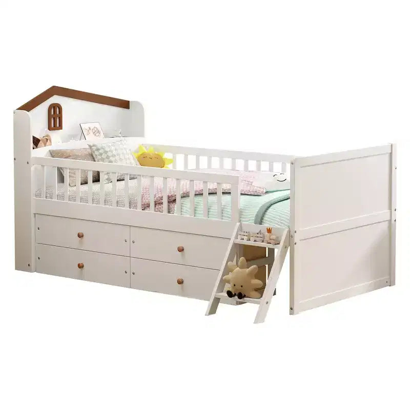 Gray/White Twin Loft Bed Frame with 4 Drawers & Guardrail, House-Style, 1-Child