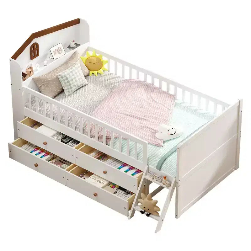 Gray/White Twin Loft Bed Frame with 4 Drawers & Guardrail, House-Style, 1-Child