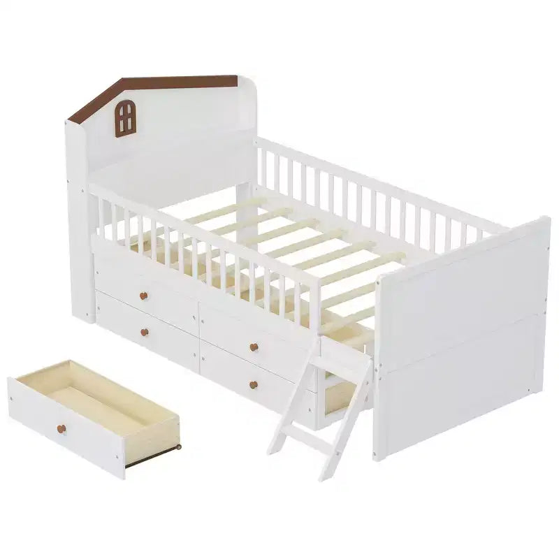 Gray/White Twin Loft Bed Frame with 4 Drawers & Guardrail, House-Style, 1-Child