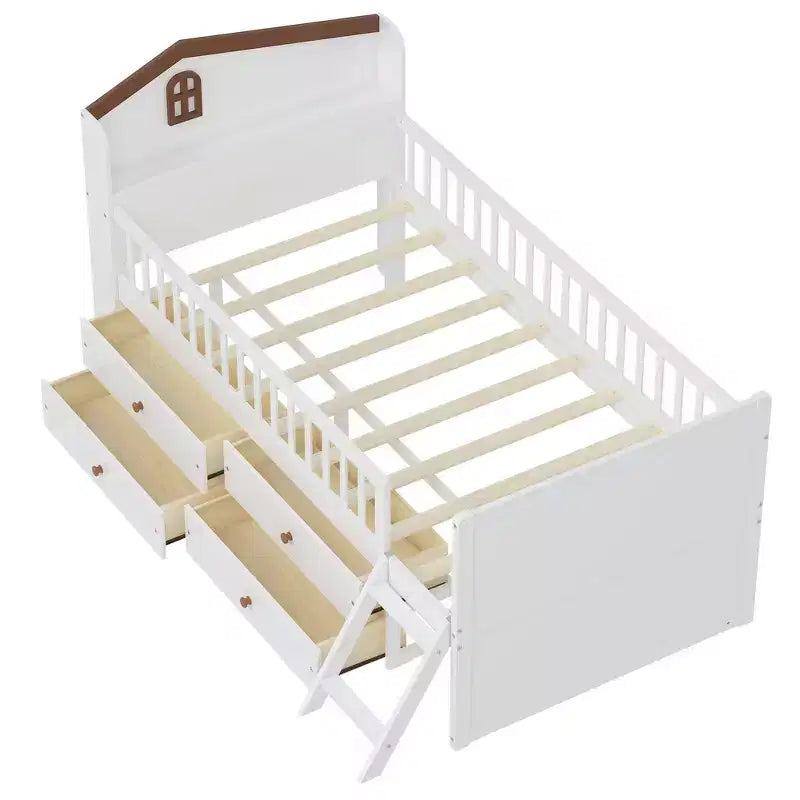 Gray/White Twin Loft Bed Frame with 4 Drawers & Guardrail, House-Style, 1-Child