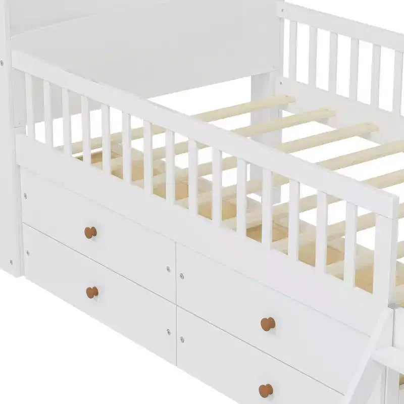 Gray/White Twin Loft Bed Frame with 4 Drawers & Guardrail, House-Style, 1-Child