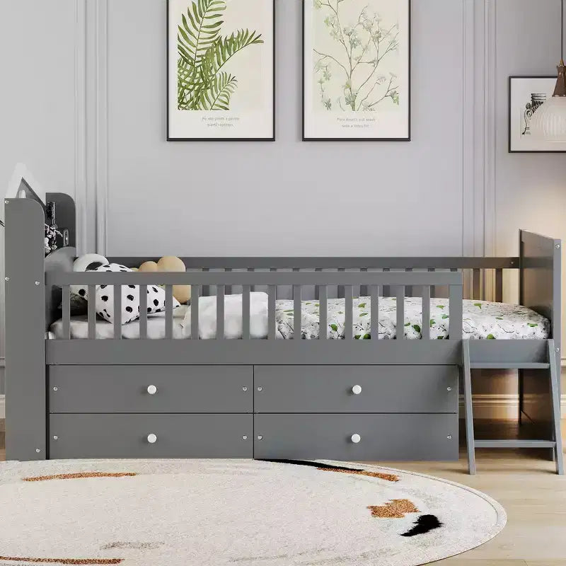 Gray/White Twin Loft Bed Frame with 4 Drawers & Guardrail, House-Style, 1-Child