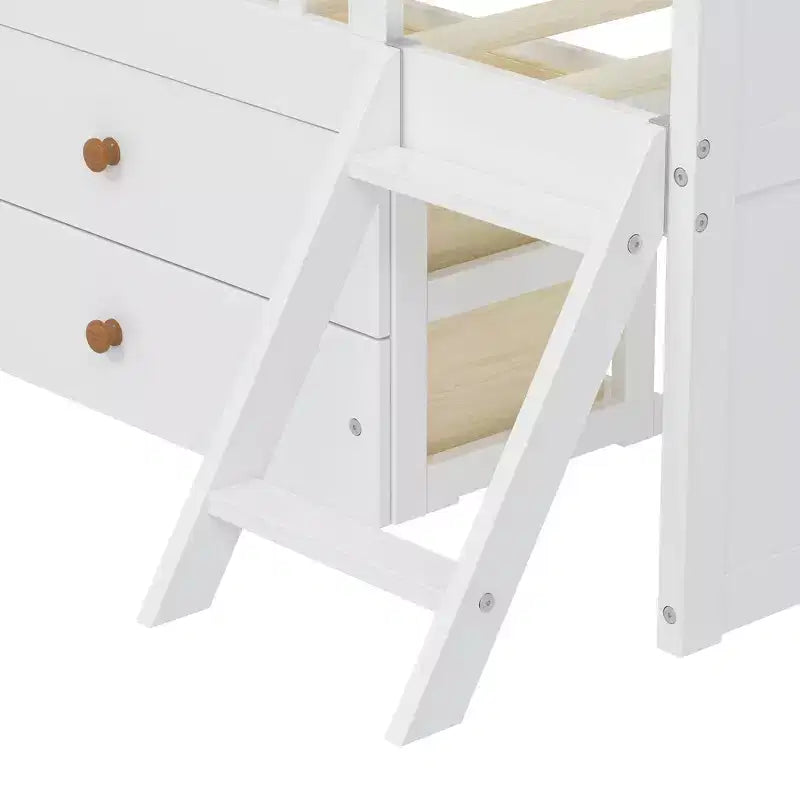 Gray/White Twin Loft Bed Frame with 4 Drawers & Guardrail, House-Style, 1-Child