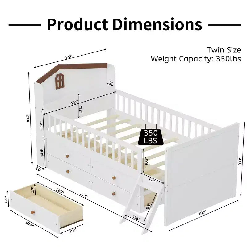 Gray/White Twin Loft Bed Frame with 4 Drawers & Guardrail, House-Style, 1-Child