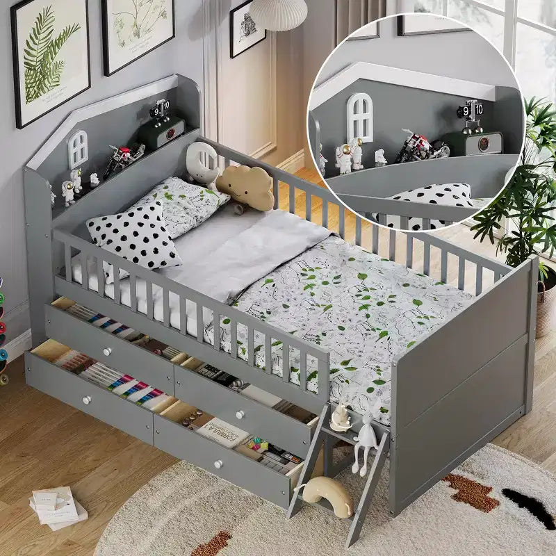 Gray/White Twin Loft Bed Frame with 4 Drawers & Guardrail, House-Style, 1-Child
